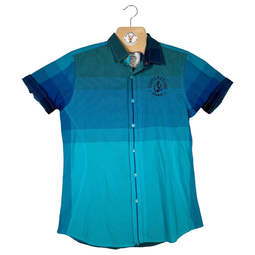 Copperstone Men's Large Slim Fit Short Sleeve Shirt Blue Coastal Button Up